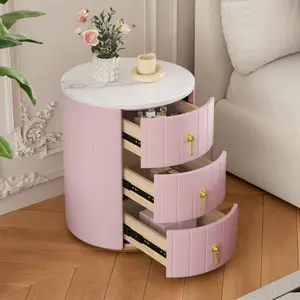 [SOIYELIFE] Upholstered Nightstand with 3 Drawers, Round Bedside Table with Metal Handles,Marbling Stickers Top Night Table for Bedroom, Fully Assembled Except Handles, Pink Cool furniture storage  with  style