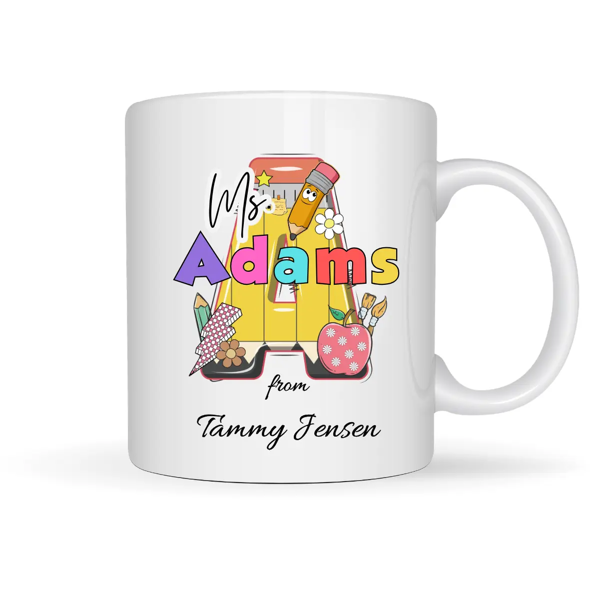 Personalized Teacher Mug • Custom Teacher Name Gift • Teacher Appreciation, End of Year Gift • Cute Pencil Design Coffee Mug