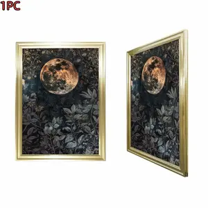 1pc Framed Gold Frame Golden Frame Canvas Art Print For Living Room Bedroom And Study Decor With Moon And Floral Pattern In Dark Background