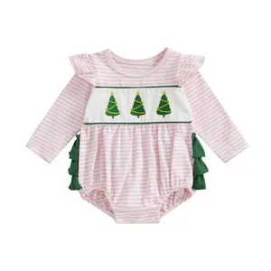 Baby Girls Christmas Clothes Outfits Long Sleeve Jumpsuit Flying Sleeve Onesie Christmas Tree Embroidery Striped Romper