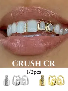 CRUSH CR 1pc/2pcs 14K Gold Plated Gold and silver hollow double-heart-shaped dental braces - stylish gold-plated dental braces, suitable for both men and women, as a daily hip-hop accessory Teeth Brace Heart Shaped Brackets