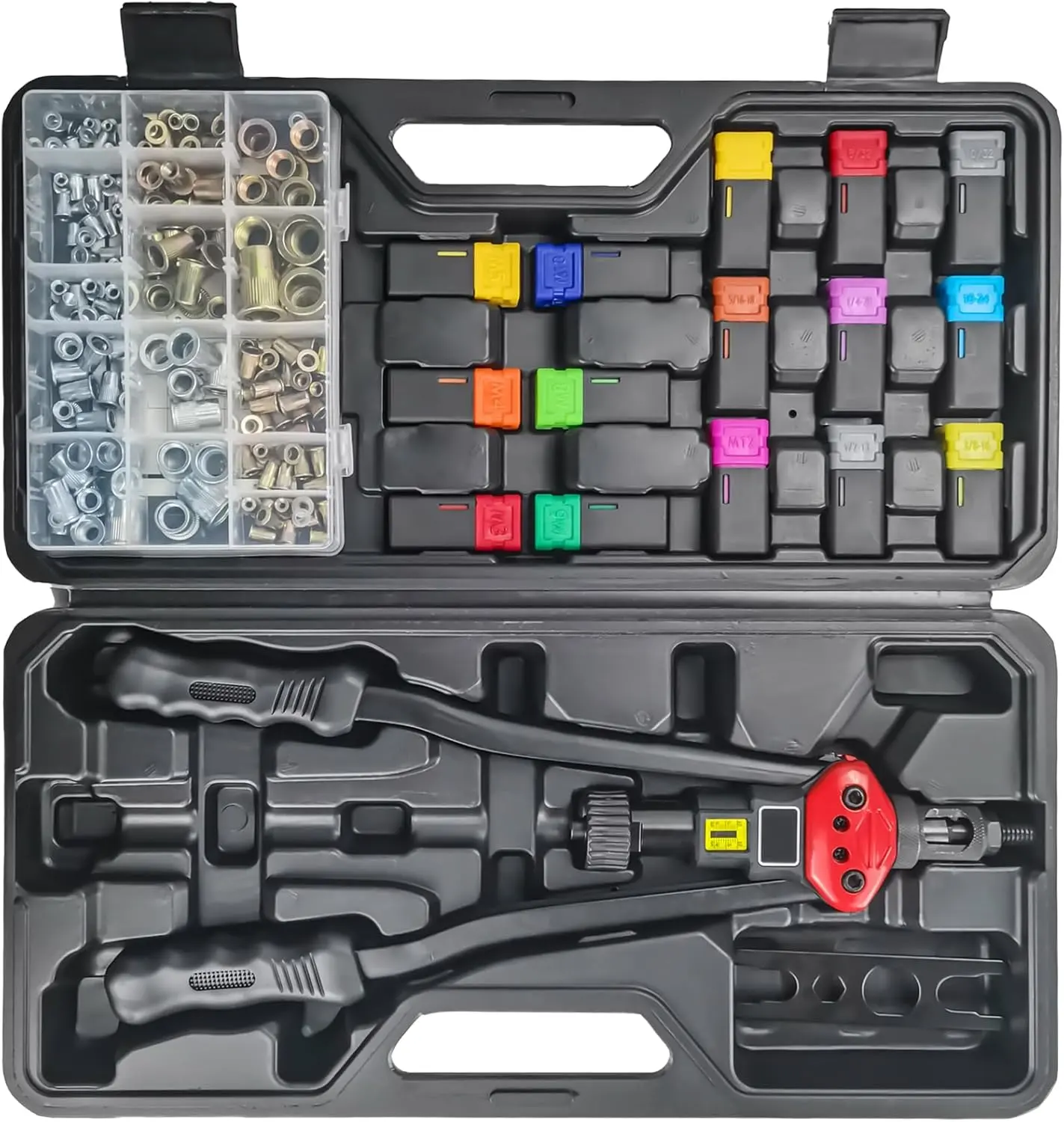 16" Professional Rivet Nut Tool Kit - Lever-Style Rivnut Tool with Visual Stroke , Nutsert Tool Kit Includes 15 Metric & SAE Mandrels for Threaded Inserts