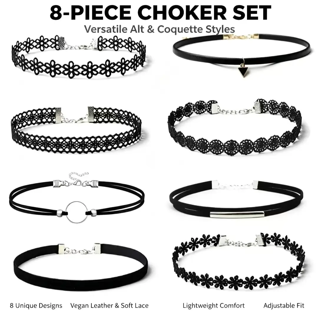 8-Piece Black Choker Set - Y2K Alt & Coquette Lace Collar Necklaces, Versatile Stackable Jewelry for Women & Teens. Bubble Initial herringbone Heart Pendant saturn opalite dainty name adjustable size evry jewel gold Gold-Plated Jesus Crucifix men