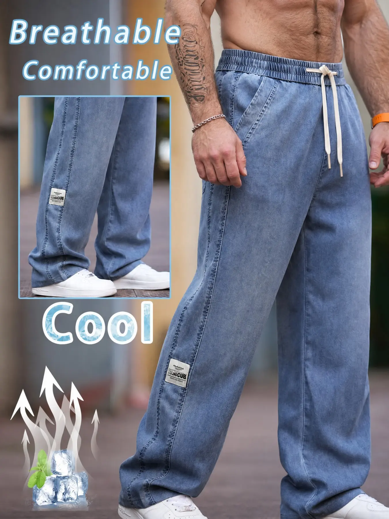 Men's Breathable Lyocell Denim Wide Leg Jeans, Casual Plain Denim Pants, Loose Fit Drawstring Waist, Lightweight Comfort Summer Streetwear, Plain Mid Waist Jeans, Plain Denim Trousers