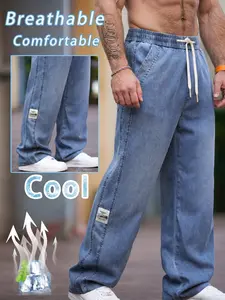 Men's Breathable Lyocell Denim Wide Leg Jeans, Loose Fit Drawstring Waist, Lightweight Comfort Summer Streetwear, Plain Mid Waist Jeans