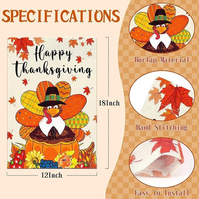 Happy Thanksgiving Garden Flags 12x18 Inch Double Sided Turkey Fall Garden Flag, Autumn Harvest Yard Thanksgiving Outdoor Decoration