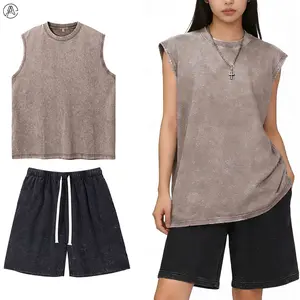 Arssm Women’s Shorts Set – Acid Wash Sleeveless Shirt & Cotton Shorts 2-Piece Gym Tracksuit for Summer Casual Wear & Active Outfits