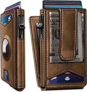 AirTag Wallet for Men – Slim RFID Blocking Front Pocket Wallet with Money Clip, Pop-Up Card Holder, Magnetic Leather Flip, Gift Boxed