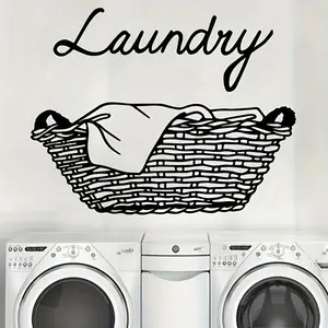 1pc "LAUNDRY" Basket Design Waterproof Vinyl Wall Sticker - Black & White, Removable, Self-Adhesive Decor for Laundry Room & Bathroom, Laundry Room Accessories