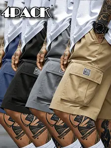 Men’s 4-pack classic solid-color multi-pocket cargo shorts with drawstring waist—loose, casual outdoor pants suitable for hiking, fishing, streetwear, and camping; ideal men’s shorts for spring and autumn.