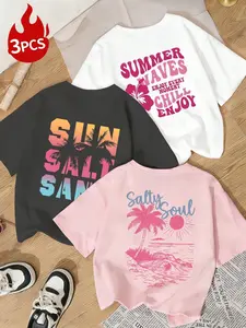 2026 Summer 3 Pack Women's Graphic Tees, Tropical Coconut Tree Hibiscus Print T Shirts, Casual Loose Short Sleeve Crew Neck Tops, Vintage Sunset "Sun Salt Sand" "Salty Soul" "Summer Waves" Letter Print T-Shirts, Graphic Tees, Printed T-Shirts,