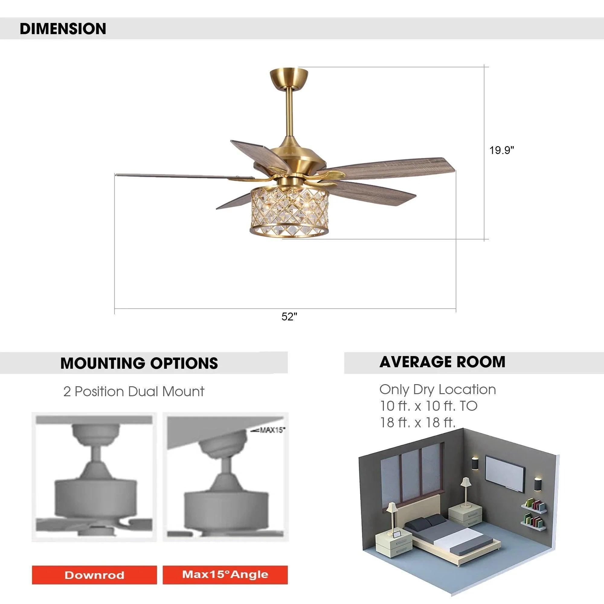 Luxurious 52-Inch Gold Ceiling Fan with Dimmable LED Light & Remote Control | Modern Elegant Home Decor