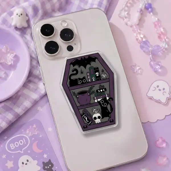 Witchy Bookshelf Coffin Phone Grip, Gothic Black Cat Bookish MagSafe PopSocket, Spooky Book Lover Phone Socket, Halloween Gift Idea