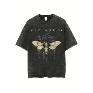 Bad Omens 2024 Tour Vintage Washed 90s Graphic T-Shirt for Men & Women Oversized Black Band Tee with Moth & Dripping Wax Design 100% Cotton Y2K Streetwear Menswear Top Round Neck Crewneck Casual Short Sleeve Fabric Unisex
