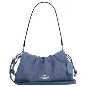 COACH Faye Medium Denim Shoulder Bag for Women with Silver Metal Accents and Detachable Strap in Blue