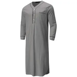 Men Nightgown Solid Color Loose Saudi Arab Long Sleeves Nightshirt Kaftan Dubai Robe with Pockets Sleepwear