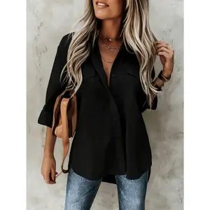 Plus Size Women's Fashionable Casual Solid Color Lapel Shirt
