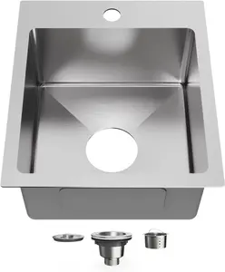 Bathenum 15" x 17" Drop in Bar Sink 304 Stainless Steel Single Bowl Kitchen Sink with Drain Kit, Brushed