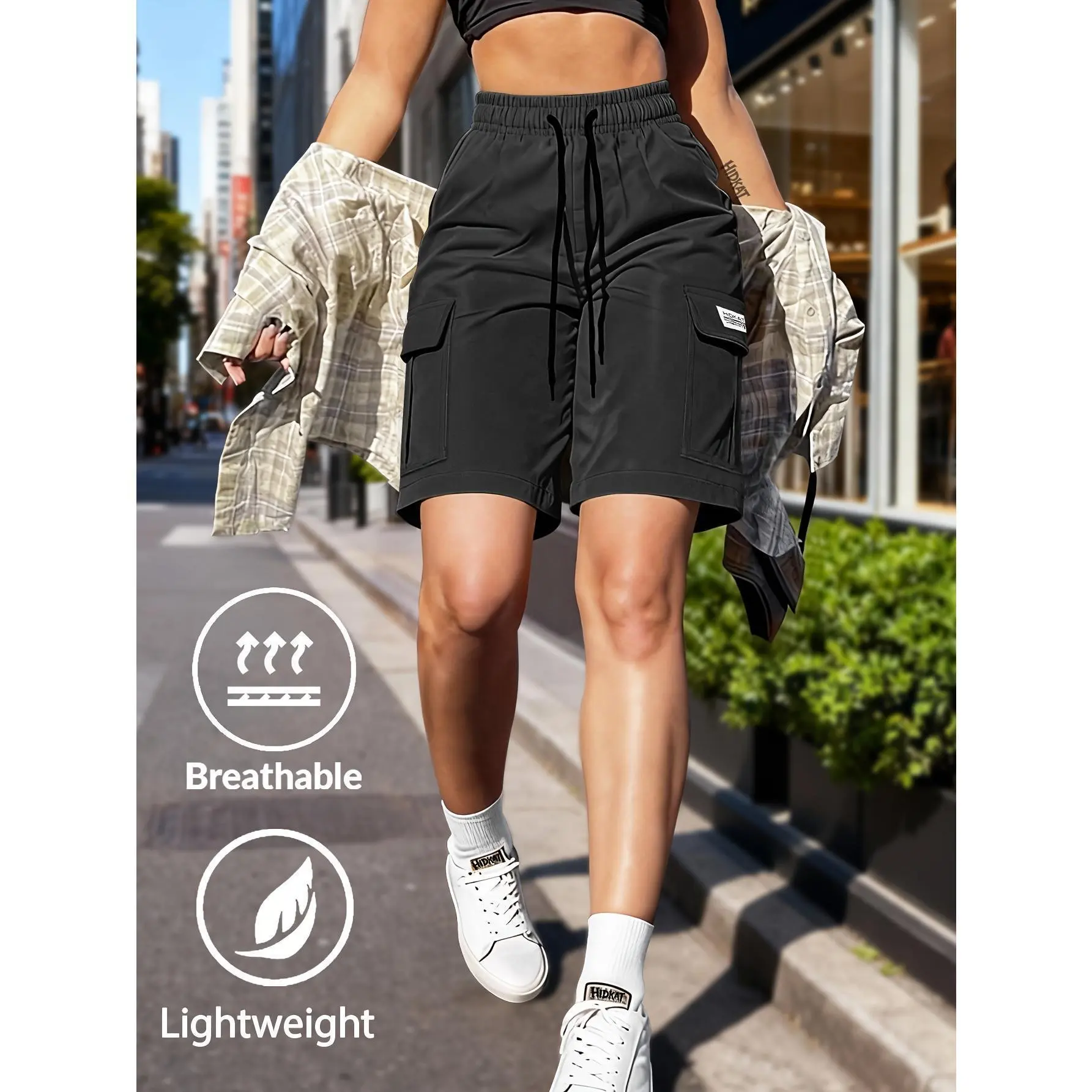 Women's Solid-Color Summer Cargo Jogger Shorts - Drawstring Waist, Multiple Large Patch Pockets, Poly-Nylon Mix Fabric - Casual Fashionable Shorts for Outdoor Leisure Sports, Cargo Shorts