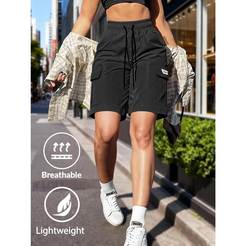 Women's Solid-Color Summer Cargo Jogger Shorts - Drawstring Waist, Multiple Large Knit Pockets, Poly-Nylon-Polypropylene Fabric, Universal Active Casual Fashionable Shorts, Dry Clean Casual Outdoor Leisure Sports Wear