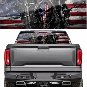 Rear Window Decals for Trucks 65x22 in American Skull Flag Vinyl Sticker Personalized Pickup SUV Decoration Weather Resistant Durable Universal Size Easy Installation