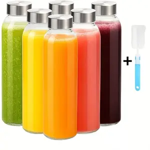18oz Transparent Glass Bottle Reusable Water Cup with Stainless Steel Lid, Juicer Compatible, Leak-Proof, 6 Pack, Refrigerator Safe