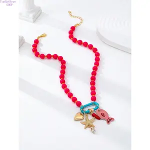 Women's Whimsical Multilayer Beaded Necklace - Colorful Fish & Starfish Pendant, Bohemian Layered Charm, Lightweight Coastal Fashion Jewelry for Vacation Beach Parties
