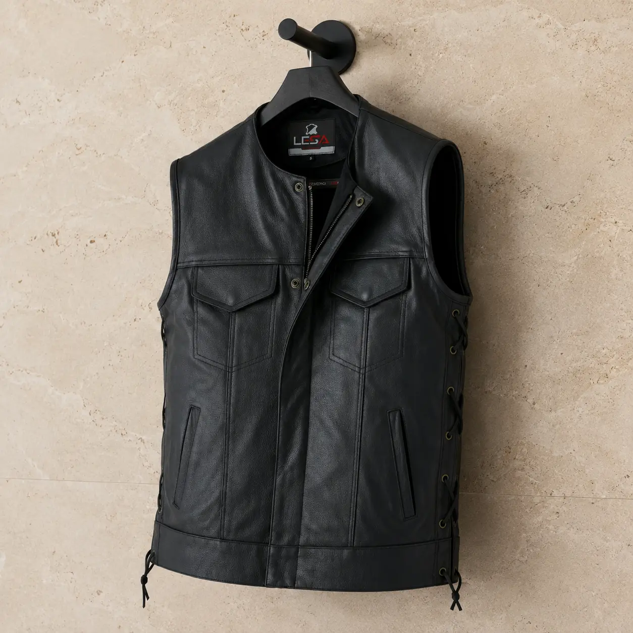 Men’s Leather Motorcycle Vest – Collarless Black Biker Vest with Side Laces, Concealed Carry Pockets & Adjustable Fit, Durable Cowhide Leather