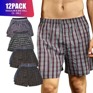 12 Pack Men's Cotton Blend Boxer Shorts Random Mixed Color Woven Relaxed Fit Boxers Breathable Underwear Button Fly Pouch Elastic Waist Menswear