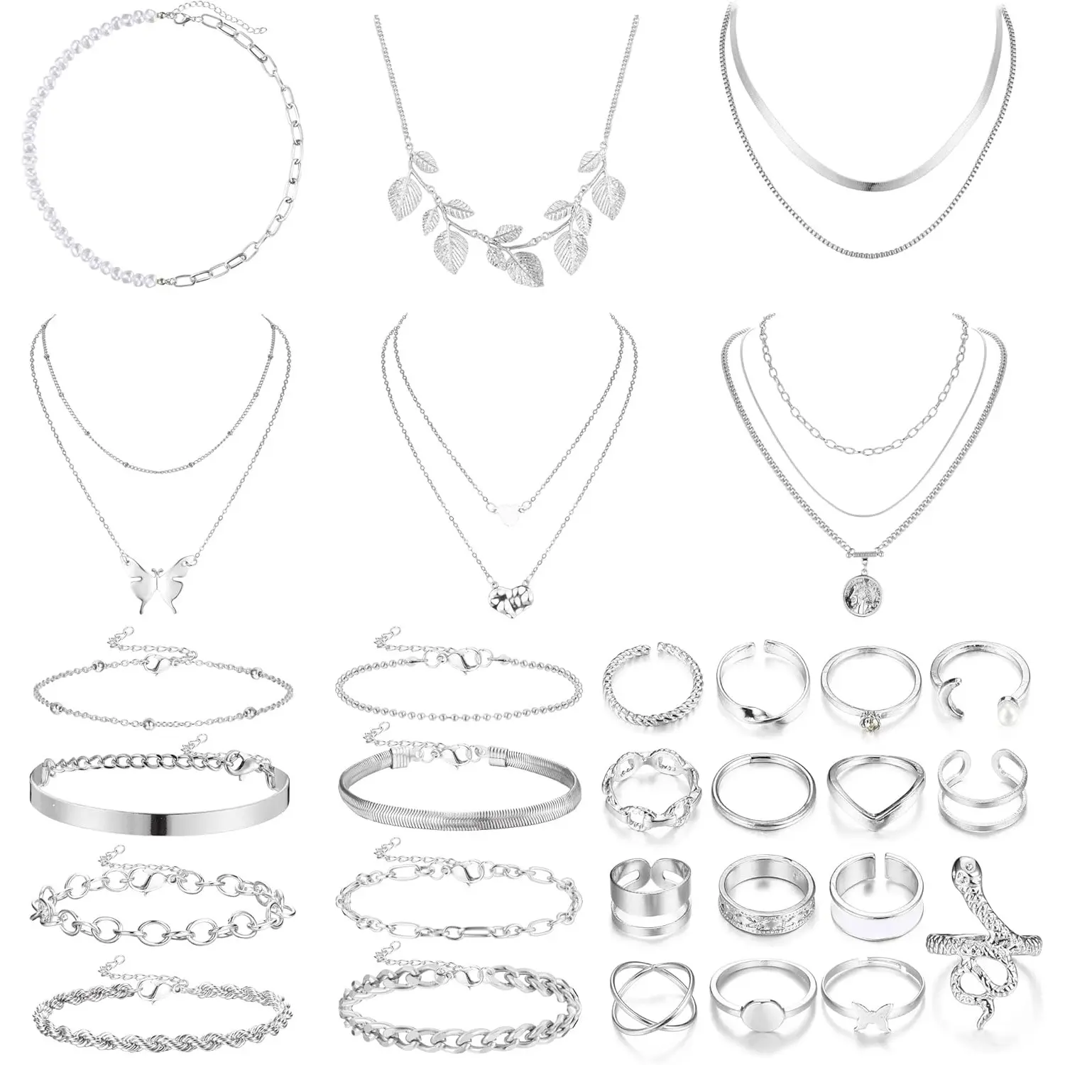 Women's Trendy Costume Jewelry Accessory Set - Layered Necklaces, Chain Bracelets, Knuckle Rings for Valentine, Anniversary Gifts