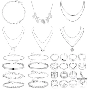 Trendy Jewelry Sets for Women - Layered Necklaces, Chain Bracelets, Knuckle Rings for Valentine, Anniversary, Birthday Gift