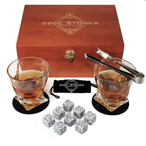 Whiskey Glass Gift Set - 2 Whiskey Glasses and Whiskey Stones with Tongs in Velvet Bag All Presented in an Elegant Wooden Box for Men (Classic-Wood-White-Rocks)