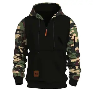 Men's Colorblock Hooded Camo Sweatshirt Vintage Camo Hoodie Zip Up Pullover for Daily Outdoor Wear Spring Autumn Casual Long Sleeve Polyester