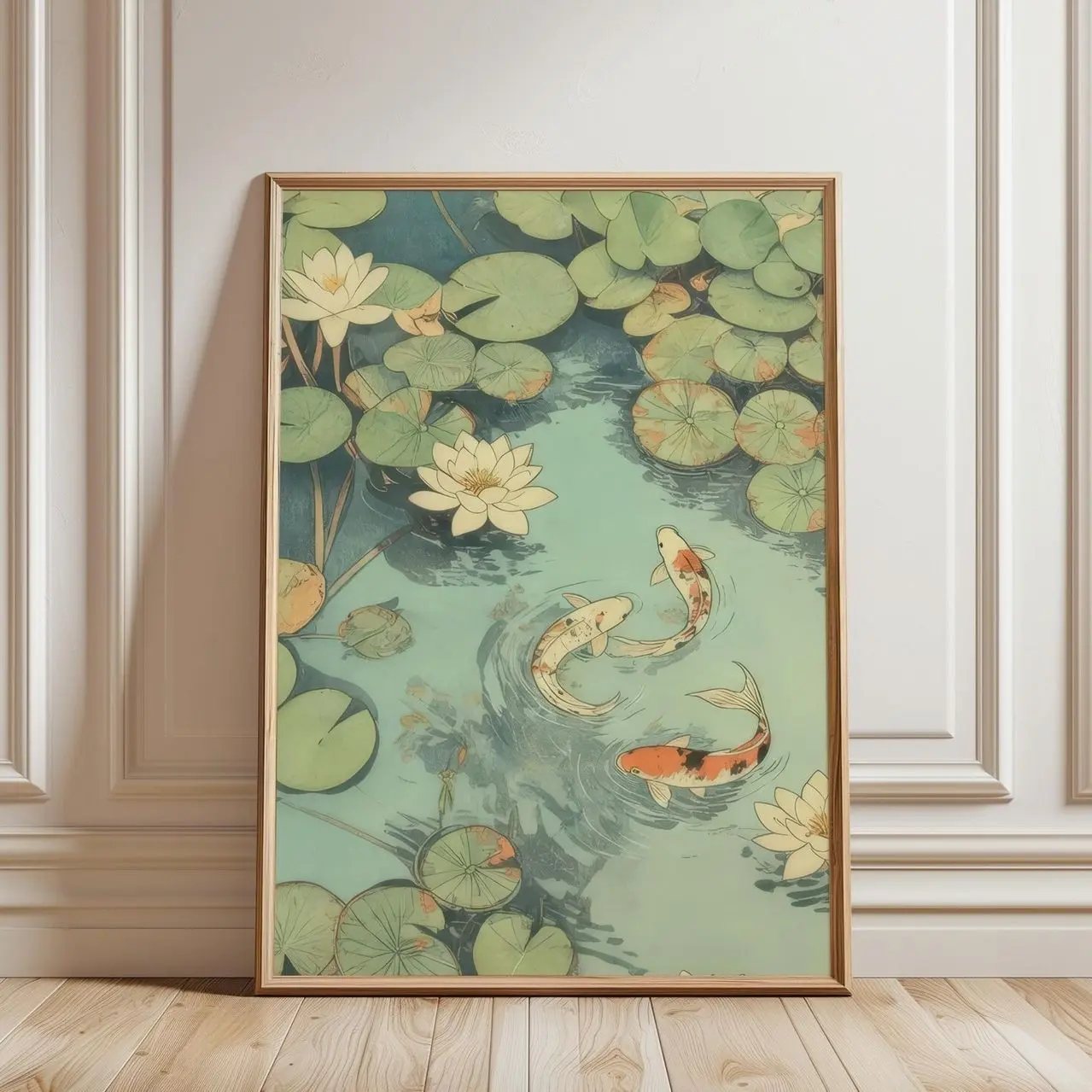 Koi Fish Pond Wall Art Japandi Water Lily Poster Wabi Sabi Decor Print Home N