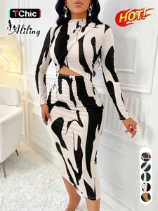 Aliling Women's Colorblock Print Cut Out Bodycon Dress, Elegant Chic Fashion Casual Long Sleeve Dress for Daily Outdoor Wear, Women Dress for Spring Fall