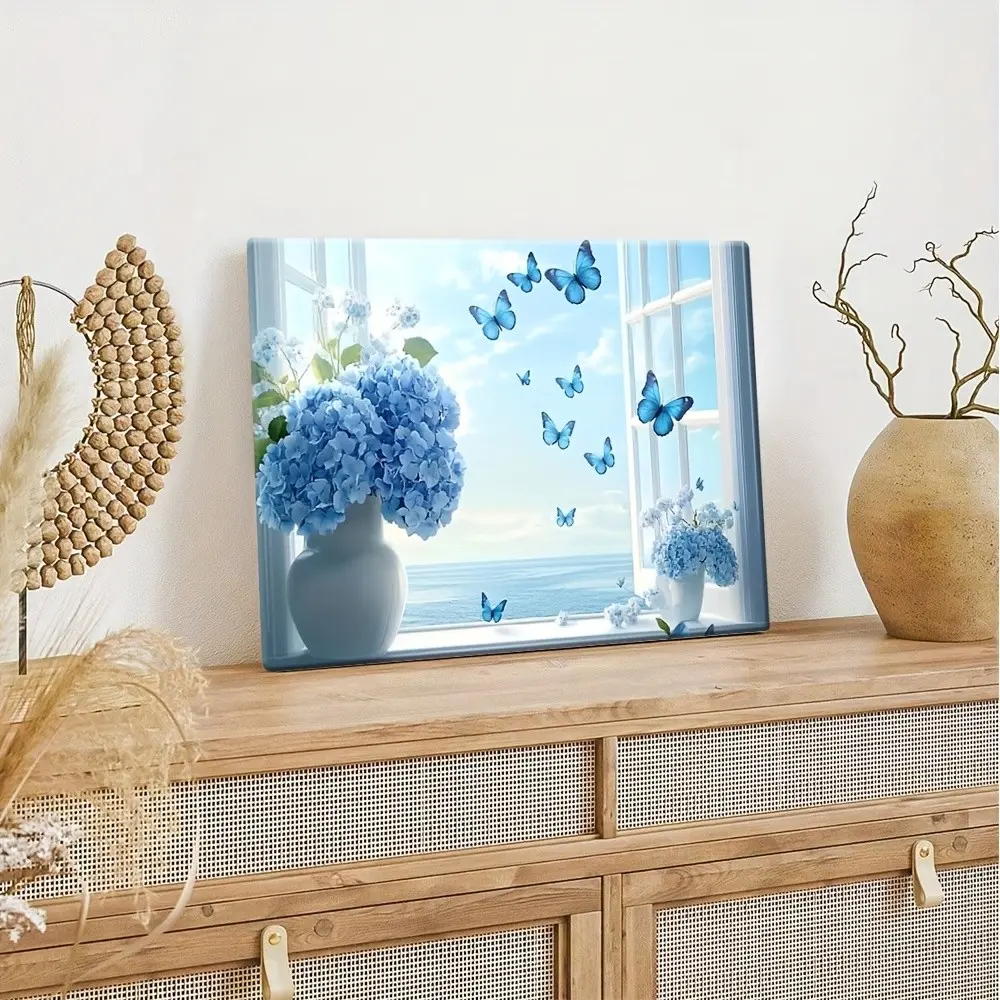 Elegant Wall Art, Framed with a Classic Wooden Border D Wallpaper with Blue Butterflies Flying in The Sky Ideal Wall Art for Your Living Room, Office, And Entryway