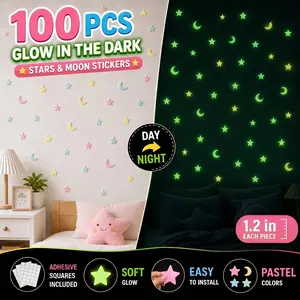 100 Pcs Glow in the Dark Star and Moon Stickers Removable Self Adhesive DIY Room Makeover Bedroom Ceiling Wall Decor Indoor Party Festival Aesthetic Decor for Teens