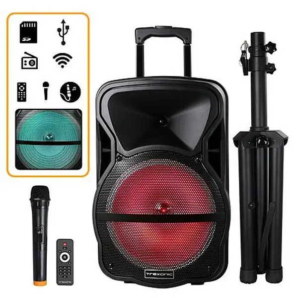 Trexonic Combination 12 Inch Bluetooth Portable Speaker and Tripod Stand with Reactive Lights, FM Ra
