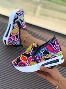 Women's Ethnic Style Colorful Print Thick Sole Slip-On Casual Shoes, Height Increasing, Perfect for Daily Wear, Travel, City Strolls, Slip on platform