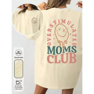 Valentine Outfits For WomenWomen's Summer Overstimulation Mom Club Graphic Print Round Neck Short Sleeve Simple Casual Everyday Black Plus Size-Shirt Tops, Mom Birthday Graphic Print Ladies Tops, Fun Mom Prints Ladies Summer Clothing