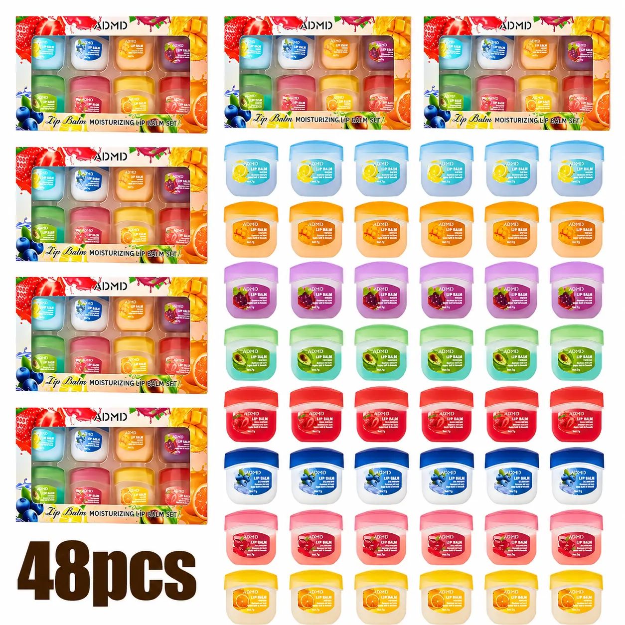 48-Pcs Fruit Lip Balm Sets, Multi-Color Lip Gloss, Silky Texture Suitable For All Skin Tones. Multiple Tones And Various Colors For Valentine's Day And New Year Gifts. Long-Lasting Moisturizing Lip Balm, Cute, Perfect For Gifting
