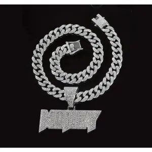 Full Diamond Cuban Chain Necklace Butterfly Buckle Nameplate English Letters MONEY Diamond Set Luxury Hip Hop Pendant