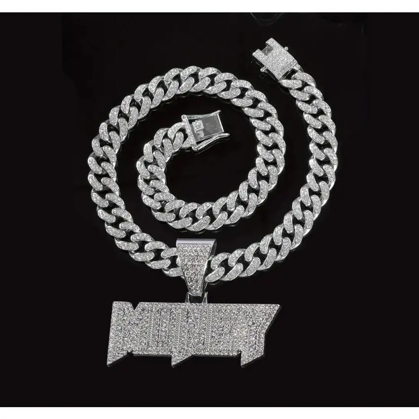 Full Diamond Cuban Chain Necklace Butterfly Buckle Nameplate English Letters MONEY Diamond Set Luxury Hip Hop Pendant