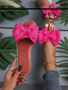 Women's Bowknot Design Slides, Casual Open Toe Flat Sandals for Beach, Fashionable Shoes for Daily Wear, Girl