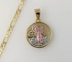 Plated Tri-Color Mexican Centenario 4mm 14K Diamond Cut Figaro Chain Necklace
