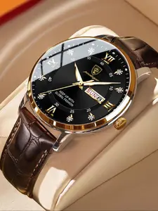 Men's Business Fashion Rhinestone Decorated Analog Quartz Watch, Calendrier Watch for Party, Daily Clothing Decor, Trendy Watch for Birthday Gift with Box, Business Fashion Watches, Quartz Wristwatch