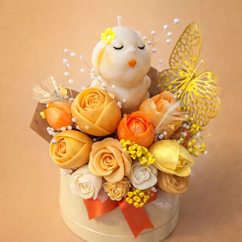 Handmade Floral Candle Basket with Bunny -Soy Wax Decorative Candle