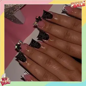 24 Pcs Cute French Tip Press on Nails Short Duck Fake Nails Black Reusable False Nails Kit Glitter Rhinestone Bow Nails Design Duck Nails Press ons Full Cover Stick on Nails for Women Girls