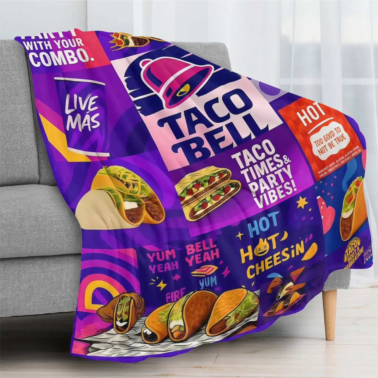 Taco Bell Party Blanket, Fun Mexican Food Print Throw, Soft Cozy Flannel for Bedroom, Living Room, Office, Travel & Camping, Perfect Gift for Taco Lovers, Christmas & Holiday Collectible