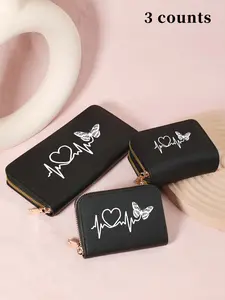 Fashionable Butterfly & Heartbeat Pattern Zipper Around Wallet, Simple Casual Multi Card Slot Wallet, Women's Wallet for Daily Use